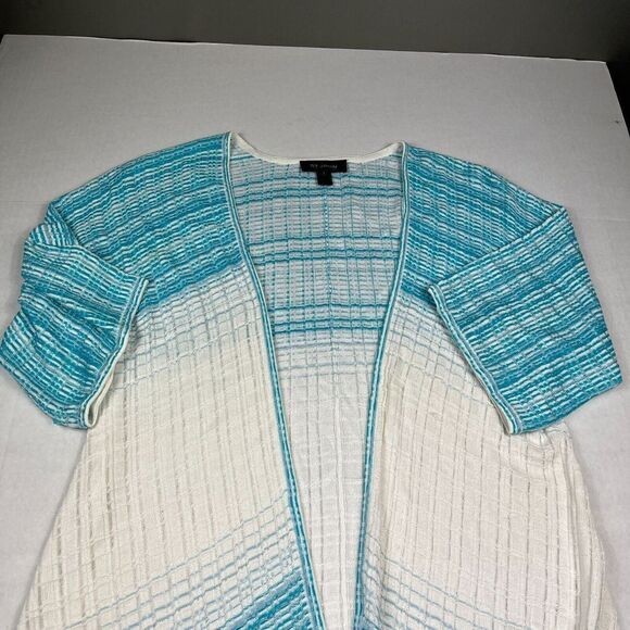 St John Wool Blend Long Cardigan Blue Ivory 3/4 Sleeve Open Front Sweater SMALL - Picture 3 of 11